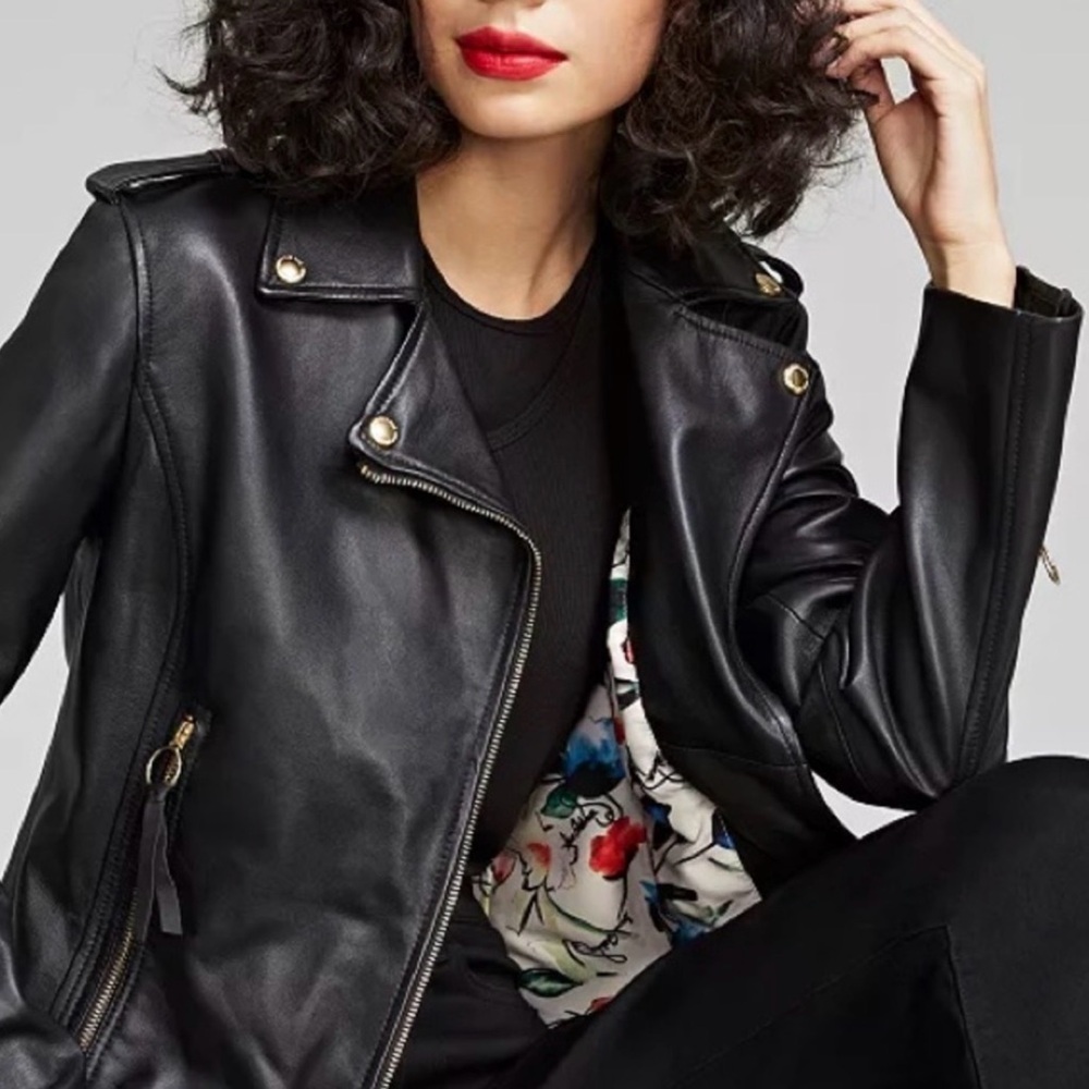 Sam Edelman Black Leather Jacket with Gold Accents